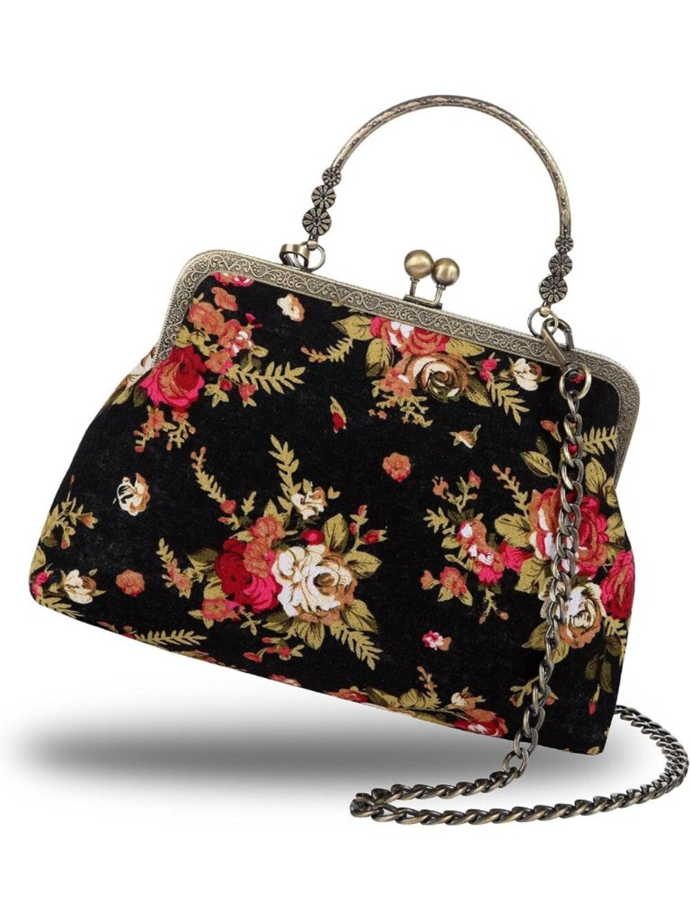 Vintage Floral Top-Handle Handbag, Kiss Lock Evening Bag for Women, Chic Purse
